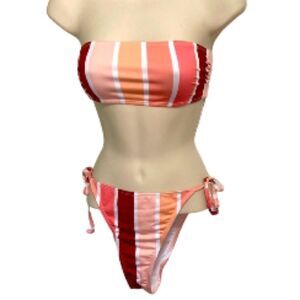 NASTY GAL Bandeau Orange White Bikini Set Stripes Swim Top Size 2 Bottom Size 0